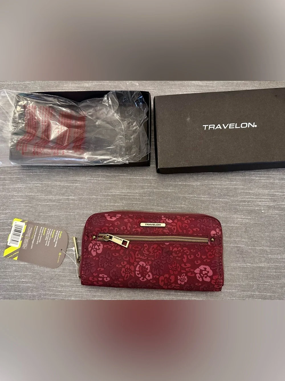 Travelon Burgundy Floral Pattern Crossbody Wallet with Gold Accents